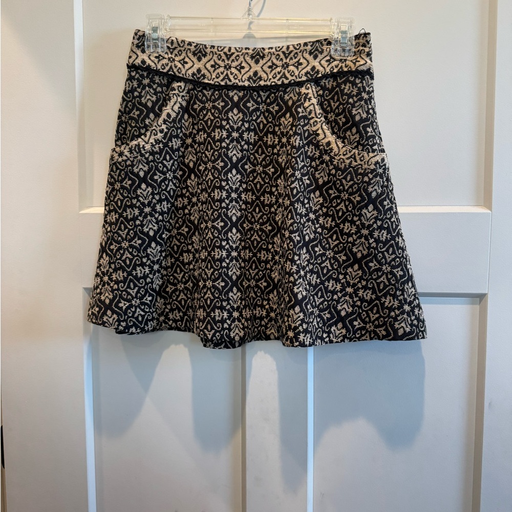 EUC Free People Black and Cream Tapestry Patterned Mini Skater Skirt